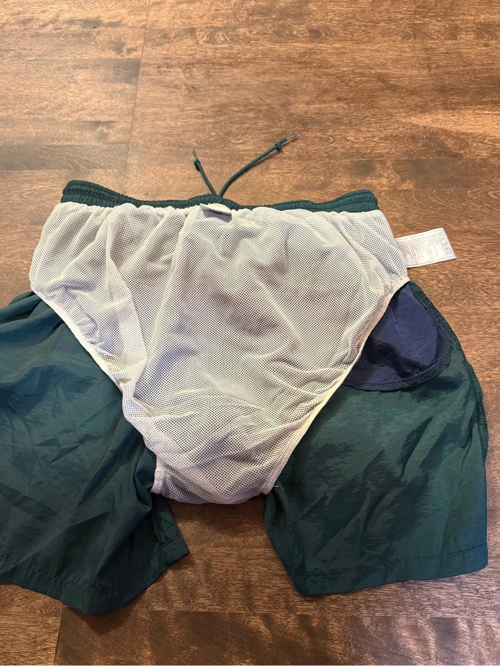 Vintage 90s Nike White Tag Big Nike Swoosh Men's Green and Navy Swim Shorts